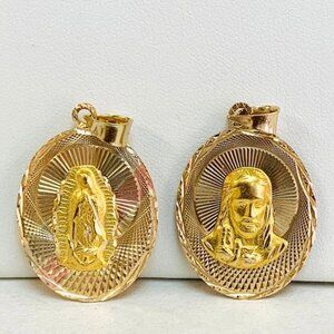 14K Solid Two Sided Gold Double Face Guadalupe Jesus Pendant